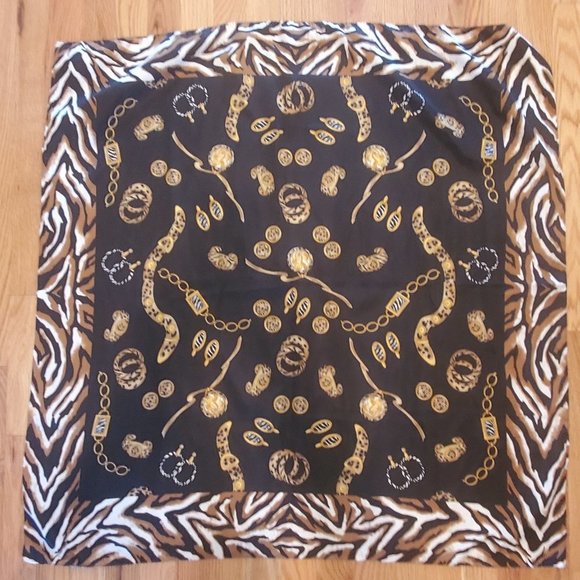 Luxurious Silky Black and Gold Animal and Jewelry Print Square Scarf - Picture 3 of 5